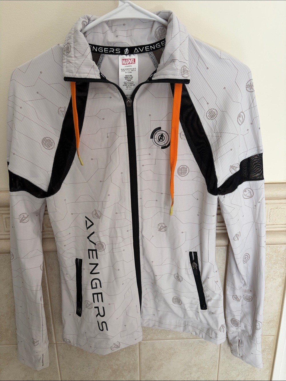Disney Parks Marvel White Tech Avengers Hoodie Jacket with Orange Drawstrings